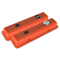 Valve Covers - Muscle Series - Finned - SBC - Factory Orange Chevrolet Small Block - Perimeter Bolt - Cast Aluminum