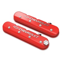 Tall LS Valve Cover with Bowtie/Chevrolet Logo - Gloss Red Machined Finish Includes Lengthened Hardware, OE Style Baffle System, and Billet Fill Cap