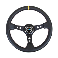 NRG Reinforced Steering Wheel (350mm / 3in. Deep) Blk Leather w/Blk Cutout Spoke/Yellow Center Mark