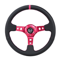 NRG Reinforced Steering Wheel (350mm/3in. Deep) Black Leather/ Fushia Center Mark/ Fushia Stitching