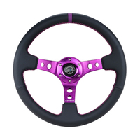 NRG Reinforced Steering Wheel (350mm / 3in. Deep) Black Leather w/Purple Center & Purple Stitching