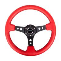 NRG Reinforced Steering Wheel (350mm / 3in. Deep) Red Leather/Blk Stitch w/Blk Spokes (Hole Cutouts)