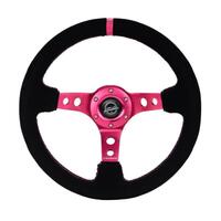 NRG Reinforced Steering Wheel (350mm/ 3in. Deep) Black Suede/ Fushia Center Mark/ Fushia Stitching