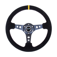 NRG Reinforced Steering Wheel (350mm / 3in. Deep) Blk Suede w/Circle Cut Spokes & Single Yellow CM