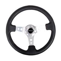 NRG Reinforced Steering Wheel (350mm / 3in. Deep) Blk Leather w/Silver Spoke & Circle Cutouts