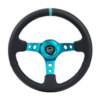 NRG Reinforce Steering Wheel (350mm / 3in. Deep) Blk Leather, Teal Center Mark w/ Teal Stitching