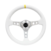 NRG Reinforced Steering Wheel (350mm / 3in. Deep) Wht Leather w/Silver Spoke & Single Yellow Mark