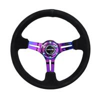 NRG Reinforced Steering Wheel (350mm / 3in. Deep) Blk Suede/Red Stitch w/Neochrome Slits