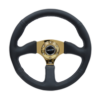 NRG Reinforced Steering Wheel (350mm / 2.5in. Deep) Leather Race Comfort Grip w/4mm Gold Spokes