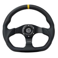 NRG Reinforced Steering Wheel (320mm) Sport Leather Dual Push Buttons Flat Bottom w/ Yellow Center