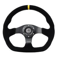 NRG Reinforced Steering Wheel (320mm) Sport Suede Dual Push Buttons Flat Bottom w/ Yellow Center