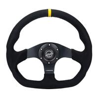 NRG Reinforced Steering Wheel (320mm) Sport Alcantara Dual Push Buttons Flat Bottom w/Yellow Center