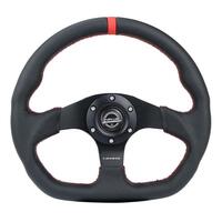 NRG Reinforced Steering Wheel (320mm) Sport Leather Flat Bottom w/ Red Center Mark/ Red Stitching