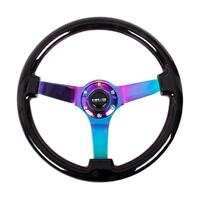 NRG Reinforced Steering Wheel (350mm / 3in Deep) Classic Blk Wood Grain w/Neochrome 3-Spoke Center