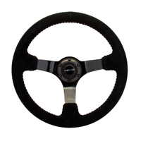 NRG Reinforced Steering Wheel (350mm / 3in. Deep) Blk Suede w/Red BBall Stitch & Black 3-Spoke