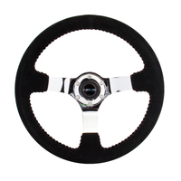 NRG Reinforced Steering Wheel (350mm / 3in. Deep) Blk Suede w/Red BBall Stitch & Chrome 3-Spoke