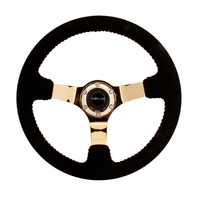 NRG Reinforced Steering Wheel (350mm / 3in. Deep) Blk Suede w/Red BBall Stitch & Chrome Gold 3-Spoke