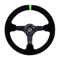 NRG Reinforced Steering Wheel 350mm/3in. Deep Blk Suede/ Neon Green Stitch w/5mm Matte Black Spoke