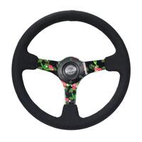 NRG Reinforced Steering Wheel (350mm / 3in. Deep) Black Suede w/ 5mm Floral 3-Spoke Center