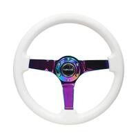 NRG Reinforced Steering Wheel (350mm / 3in. Deep) Classic White w/4mm Neochrome Solid 3-Spoke