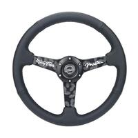 NRG Sport Steering Wheel (350mm/ 1.5in. Deep) Black Etched Spokes/ Black Leather w/ Black Stitch