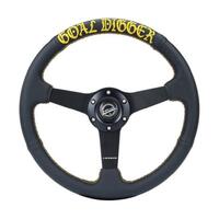 NRG Sport Steering Wheel (350mm / 1.5in Deep) Black Leather/Gold Stitch w/Matte Black Solid Spokes