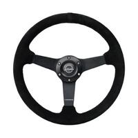 NRG Sport Steering Wheel (350mm / 1.5in Deep) Black Suede/Black Stitch w/Matte Black Solid Spokes