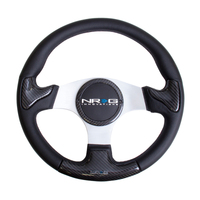 NRG Carbon Fiber Steering Wheel (350mm) Silver Frame Blk Stitching w/Rubber Cover Horn Button