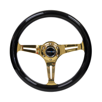 NRG Classic Wood Grain Steering Wheel (350mm) Black Grip w/Chrome Gold 3-Spoke Center