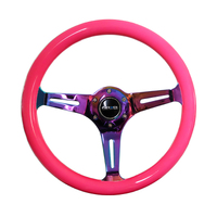 NRG Classic Wood Grain Steering Wheel (350mm) Neon Pink Painted Grip w/Neochrome 3-Spoke Center